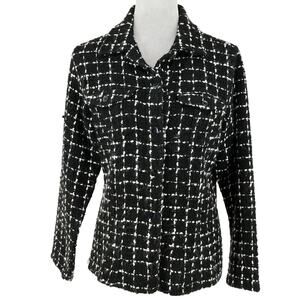 Chicos Jacket 1 Womens 8 Medium Black White Plaid Tweed Blazer Front Pockets